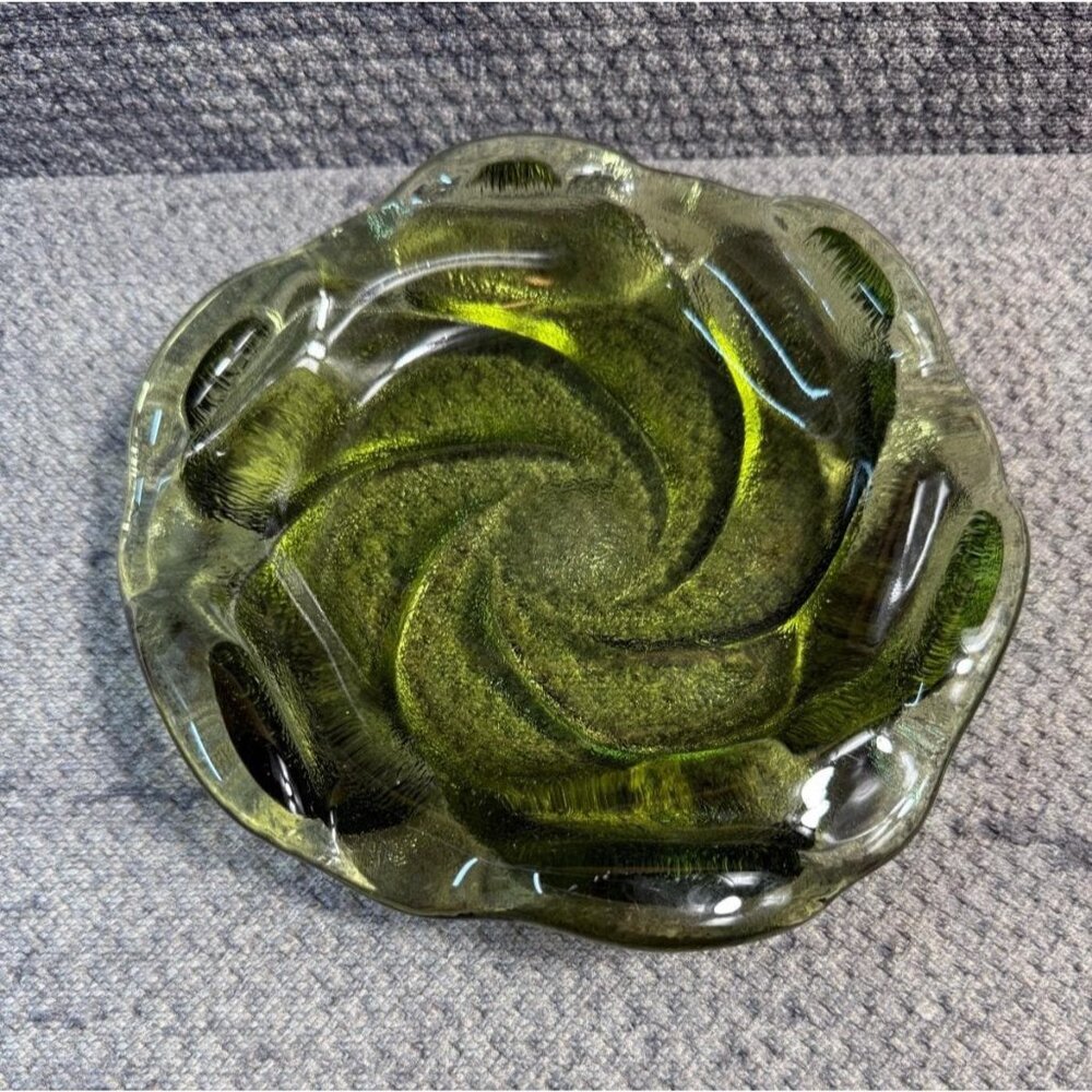 MCM Fenton Textured Heavy Green Glass Swirl Ashtray Candy Dish VTG 8"